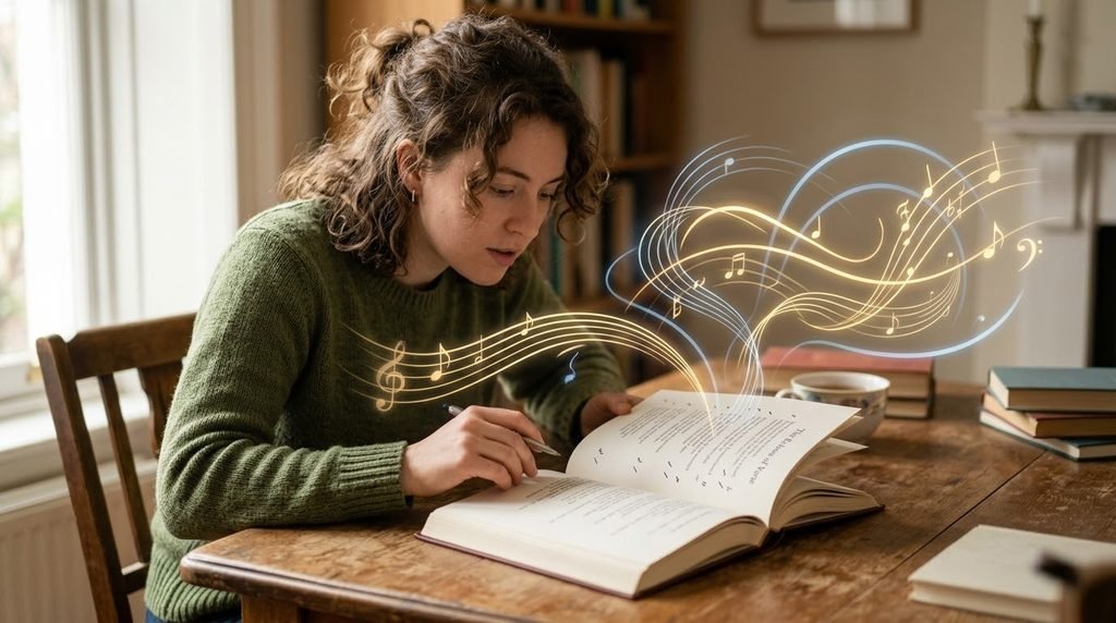 Rhythm in poetry represented by a reader studying an open poetry book