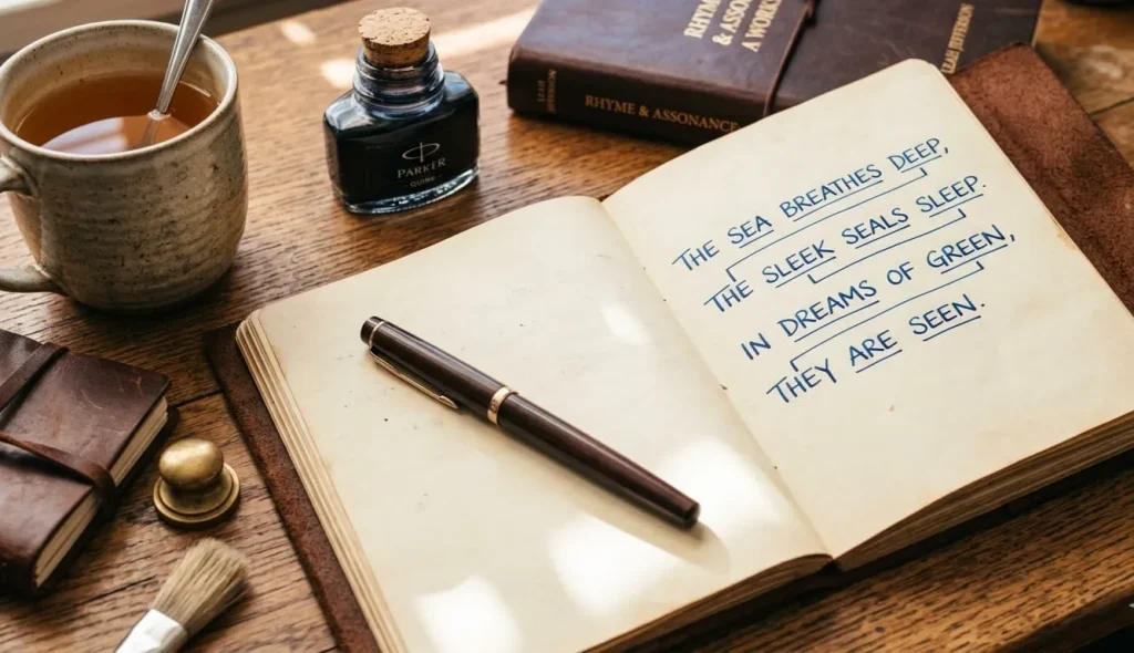 Assonance in poetry shown through an open book and writing desk with handwritten verse