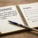 Assonance in poetry shown through a focused writer studying a notebook and shaping poetic lines