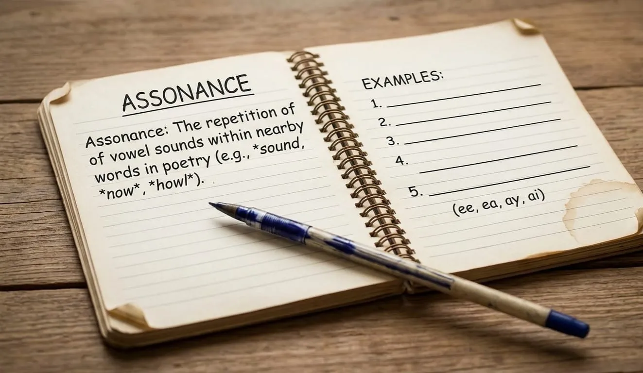 Assonance in poetry shown through a focused writer studying a notebook and shaping poetic lines