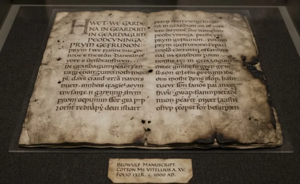 Narrative poetry represented by a surviving section of the Beowulf manuscript