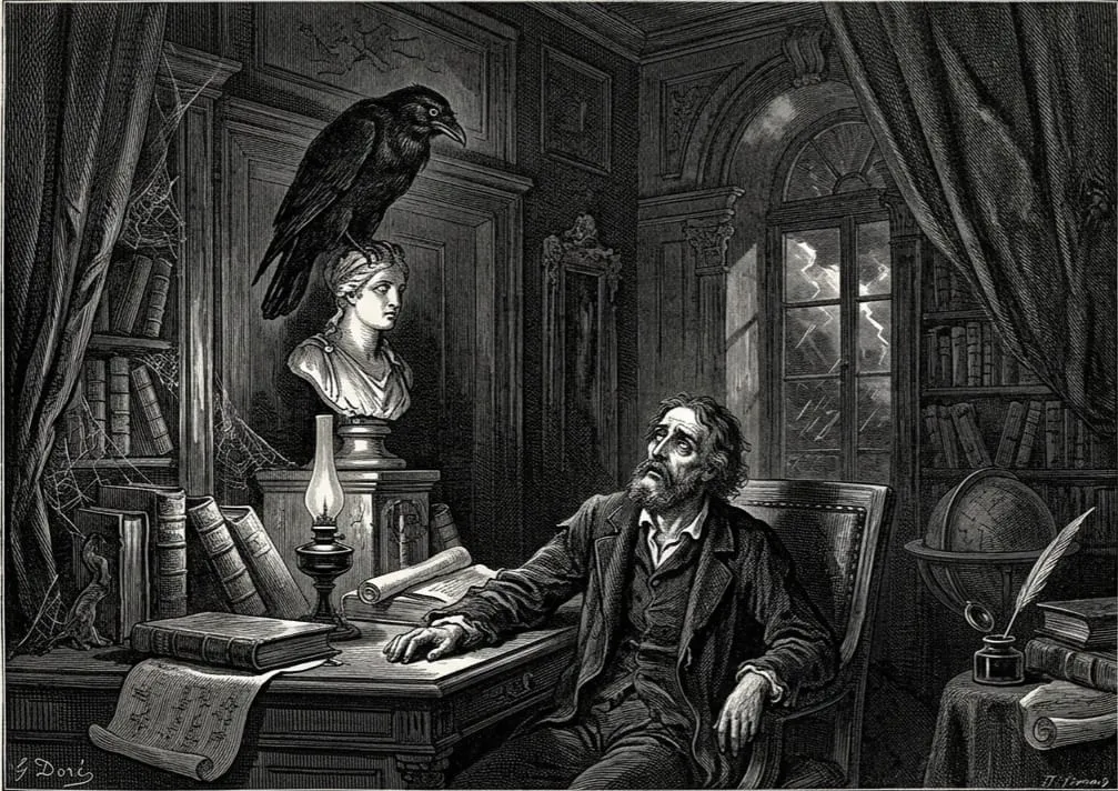 Narrative poetry illustrated by Gustave Dore's public domain artwork for The Raven