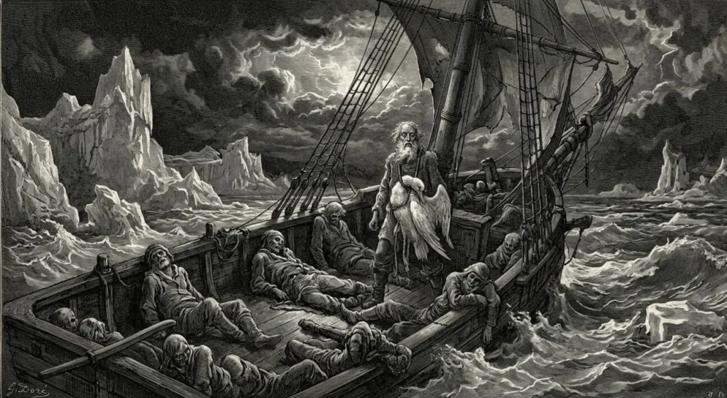 Narrative poetry shown through a public domain illustration of The Rime of the Ancient Mariner
