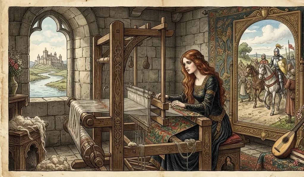 Narrative poetry represented by a public domain illustration of Tennyson's The Lady of Shalott