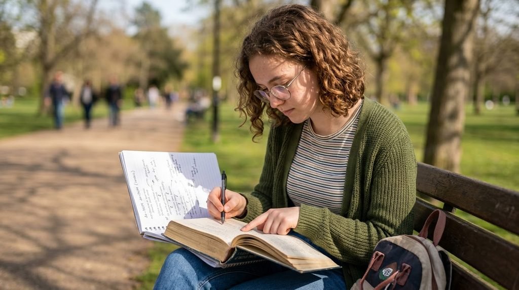 Rhythm in poetry shown through a young person reading a poetry book and taking notes