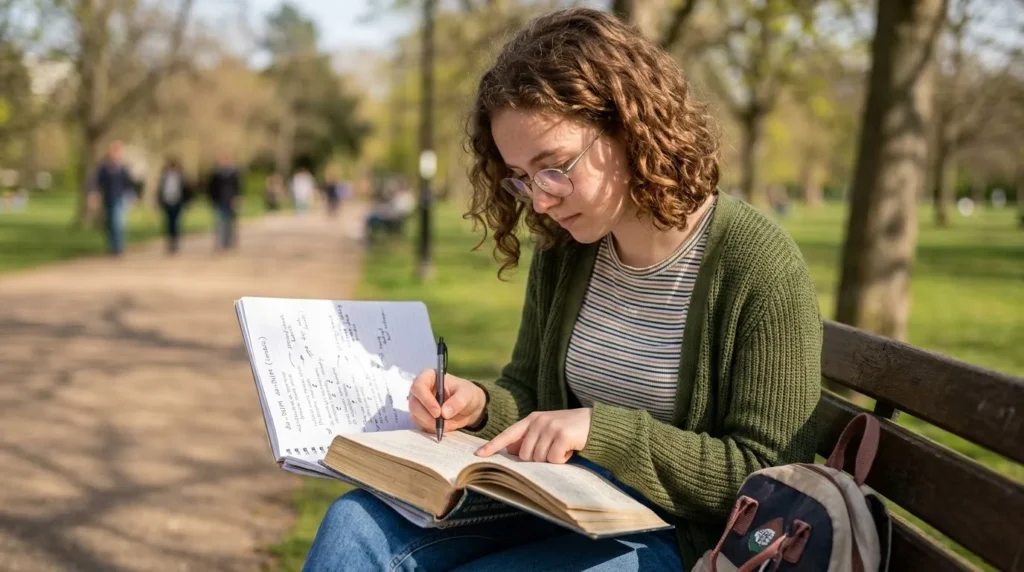 Rhythm in poetry shown through a young person reading a poetry book and taking notes