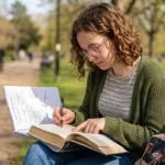 Rhythm in poetry shown through a young person reading a poetry book and taking notes