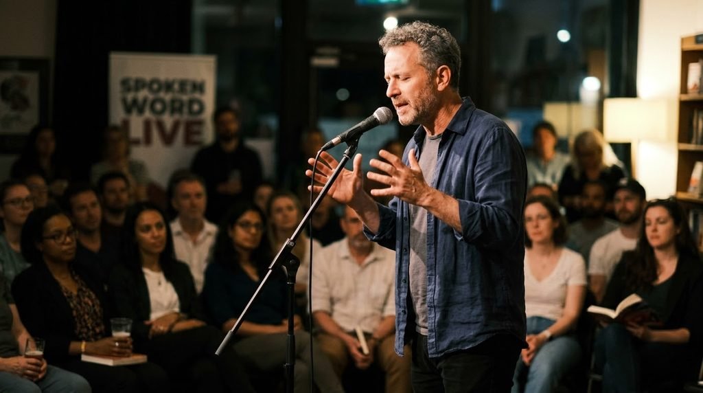 Rhythm in poetry shown through a public poetry reading with a speaker performing verse