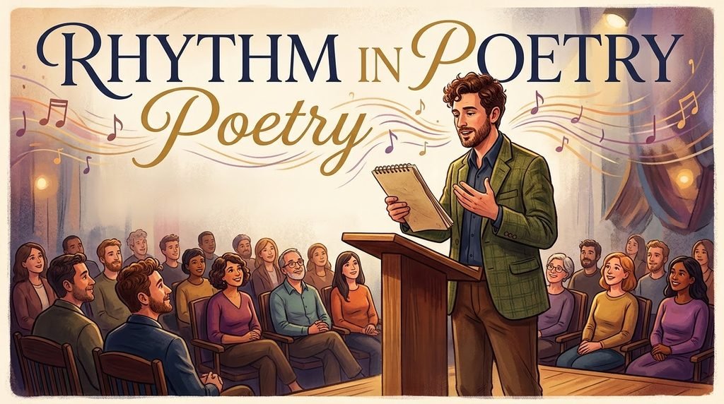 Rhythm in poetry shown through a poet performing verse at a literary event