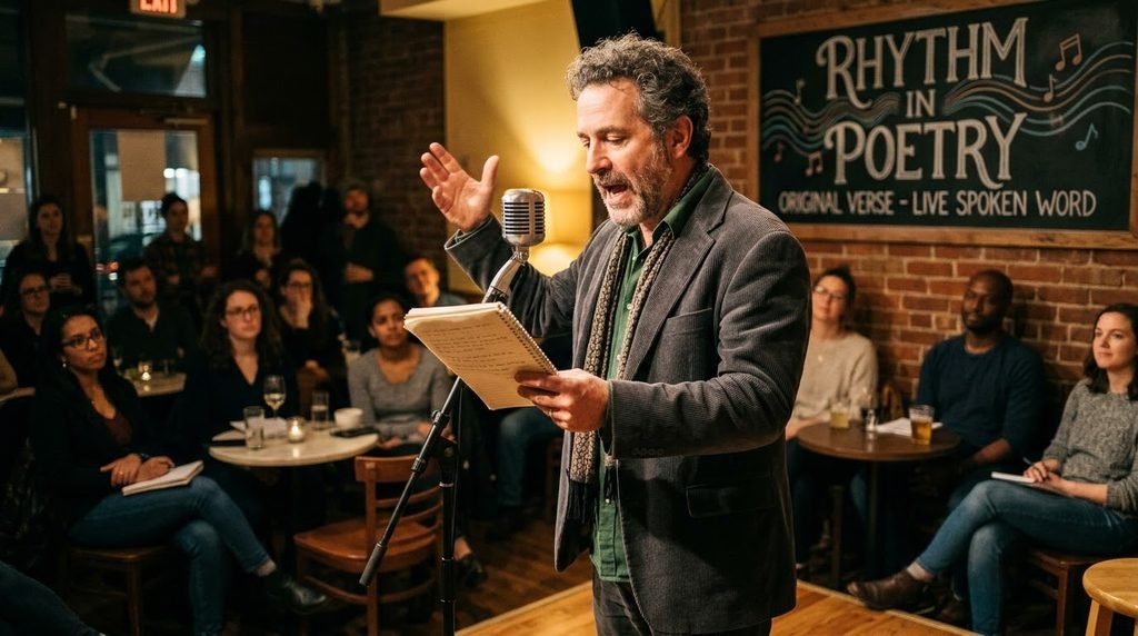 Rhythm in poetry represented by a poet reading original verse aloud to an audience