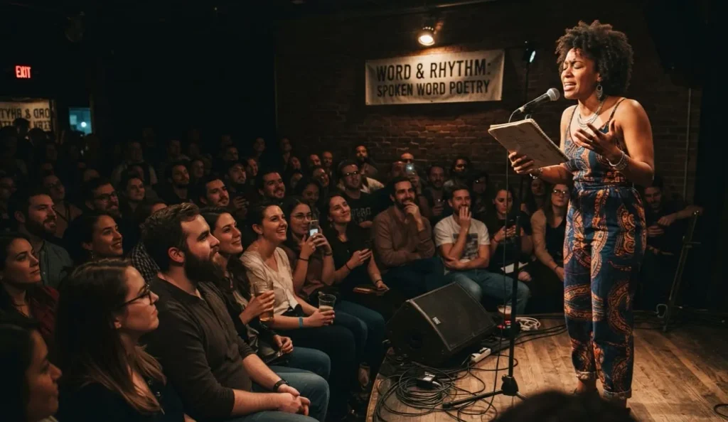 Spoken word poetry performer presenting an original poem to an attentive audience