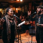 Microphone prepared for a spoken word poetry reading in an intimate performance space