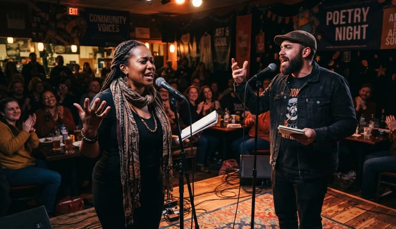 Microphone prepared for a spoken word poetry reading in an intimate performance space