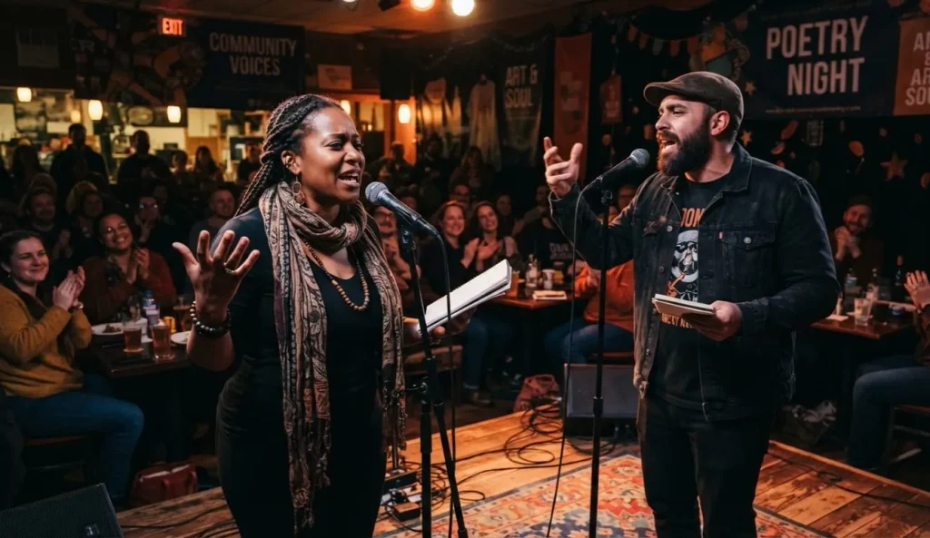 Microphone prepared for a spoken word poetry reading in an intimate performance space